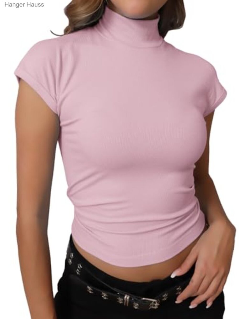 Mock Neck Ribbed Knit Cap Sleeve Top Slim Fit Office Blouse